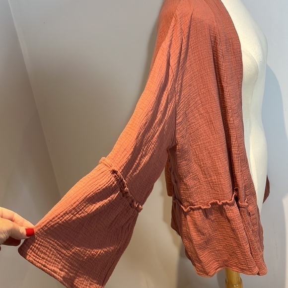 4OUR dreamers terra-cotta coloured linen rayon blend bell sleeve jacket fit S/M - Picture 5 of 11